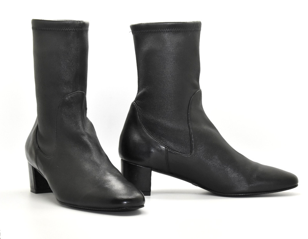 C0 Auth STUART WEITZMAN Black Leather Stretch Block Heel Bootie Shoes Size 8.5M